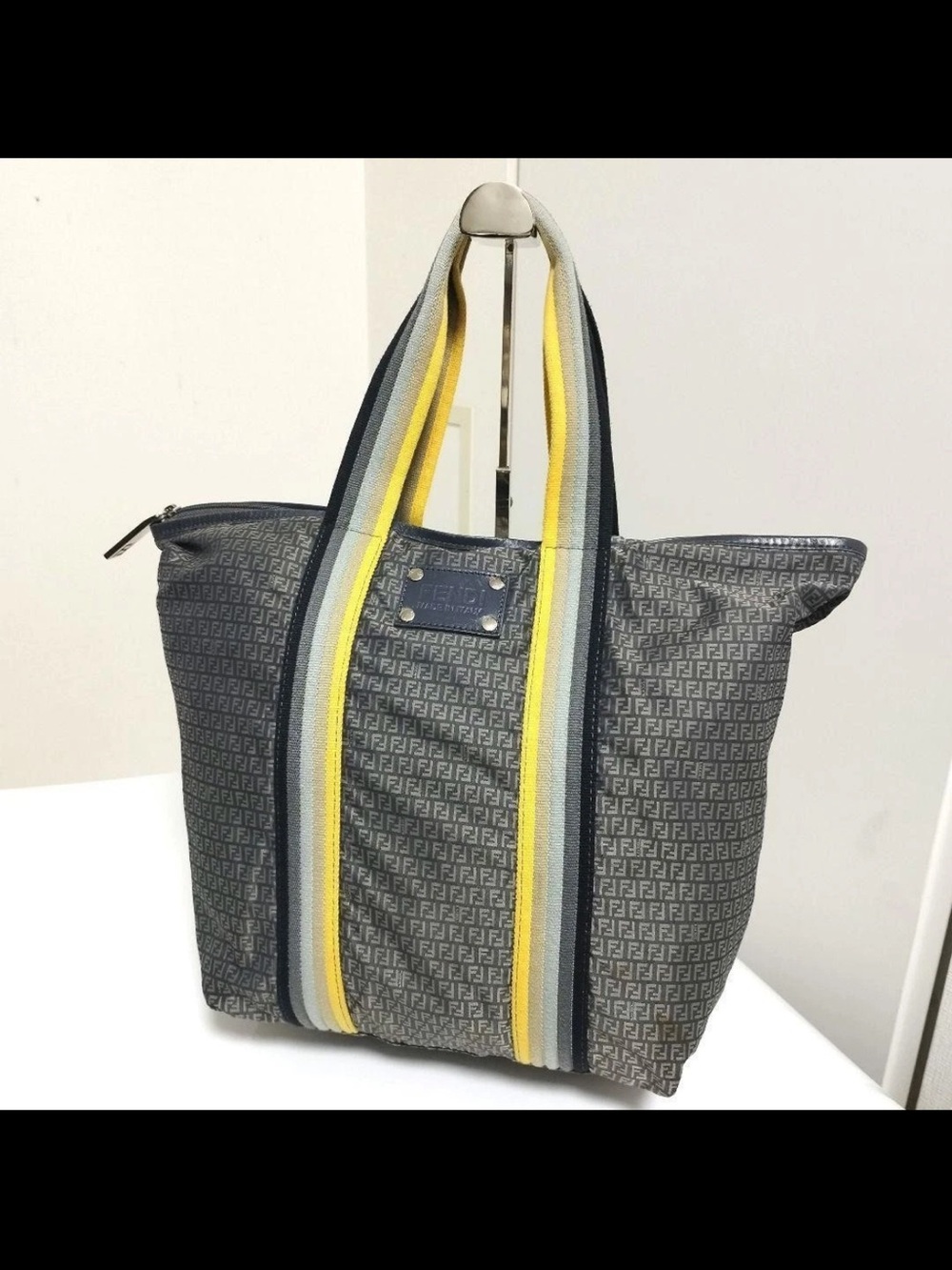 Fendi Gray Monogram Tote with Yellow-Accent Straps